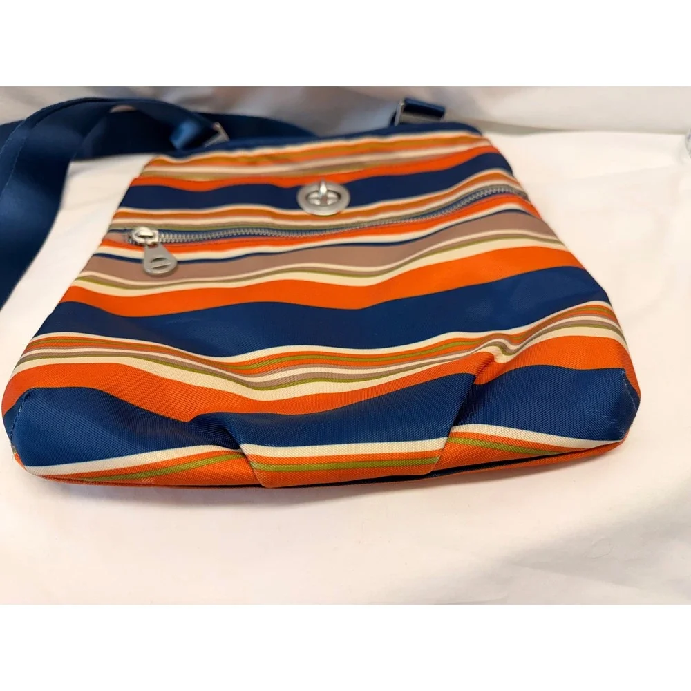 Baggallini Striped Nylon Crossbody Bag Orange Blue Multi Pocket Travel Purse